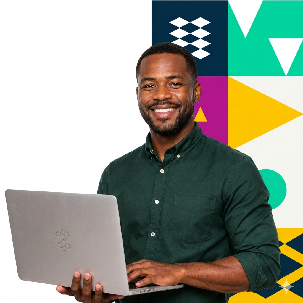 Hombre afrodescendiente con camisa verde sosteniendo laptop con logotipo de zeta consulting